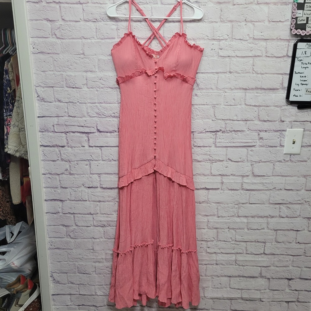 Luxxel Pink Front Slit Maxi Dress M CrissCross Spaghetti Straps‎ Tiered Boho